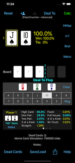 PokerCruncher - JTs: Deal-To-Flop Analysis: Hand Type Stats, Flop Hit Stats