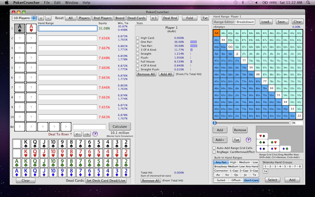 PokerCruncher-Mac: AA Vs. 9 Random Players