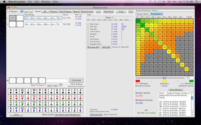 PokerCruncher-Mac: Range Equity Breakdown Heat Map And Hand Combos Stats