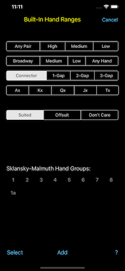 PokerCruncher - Built-In Hand Ranges: Select all suited connectors