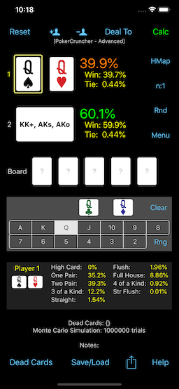 PokerCruncher - Hand Range Calculation: QQ vs. {KK+, AKs, AKo}