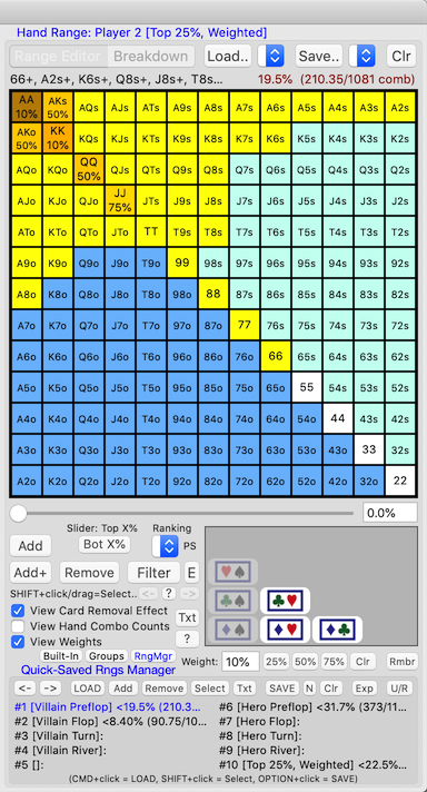 PokerCruncher-Mac - View Weights In Hand Range Grid